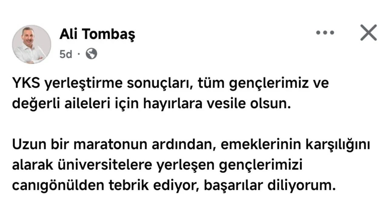 Başkan Tombaş’tan Yks Mesajı